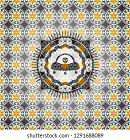ufo with aline inside icon inside arabesque badge background. arabic decoration.
