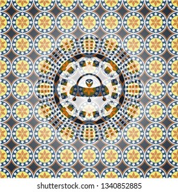 ufo with aline inside icon inside arabesque style emblem. arabic decoration.