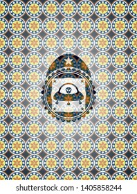 ufo with aline inside icon inside arabesque emblem background. arabic decoration.