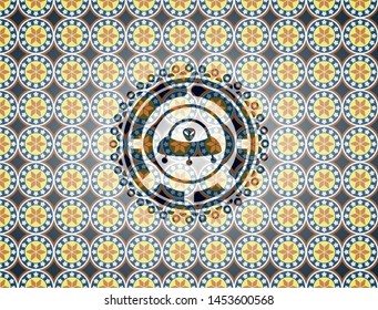 ufo with aline inside icon inside arabesque style emblem. arabic decoration.