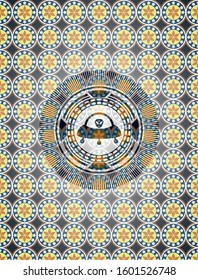 ufo with aline inside icon inside arabesque emblem. arabic decoration.