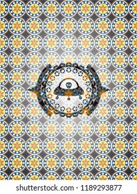 ufo with aline inside icon inside arabic emblem. Arabesque decoration.