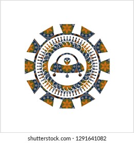 ufo with aline inside icon inside arabic emblem background. Arabesque decoration.
