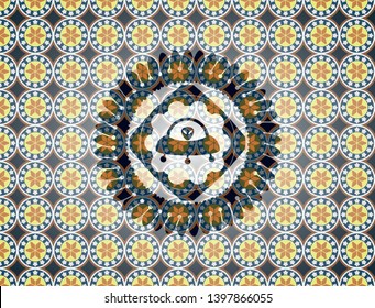 ufo with aline inside icon inside arabic badge. Arabesque decoration.