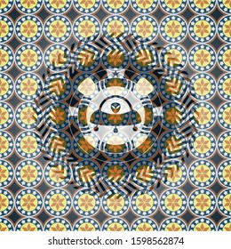 ufo with aline inside icon inside arabic emblem background. Arabesque decoration.