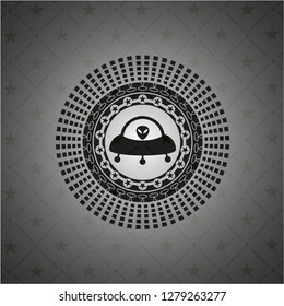 ufo with aline inside icon inside black emblem. Vintage.
