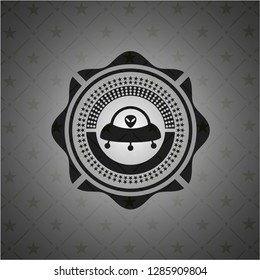 ufo with aline inside icon inside dark emblem. Retro