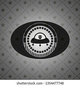 ufo with aline inside icon inside dark emblem. Retro