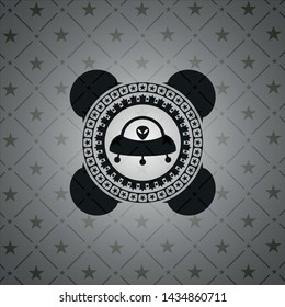 ufo with aline inside icon inside dark emblem. Retro