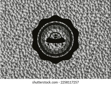 ufo with aline inside icon inside dark badge with grey bubbles background. Vector Illustration. Detailed. 