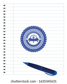 ufo with aline inside icon draw (pen strokes). Blue ink. Vector Illustration. Detailed.