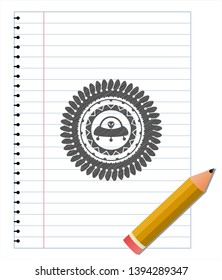 ufo with aline inside icon drawn with pencil strokes. Vector Illustration. Detailed.