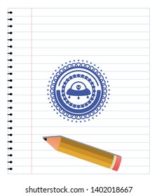 ufo with aline inside icon drawn with pen. Blue ink. Vector Illustration. Detailed.