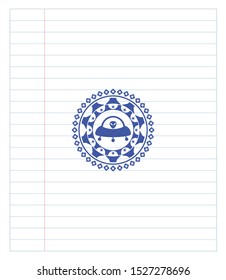 ufo with aline inside icon drawn with pen strokes. Blue ink. Vector Illustration. Detailed.