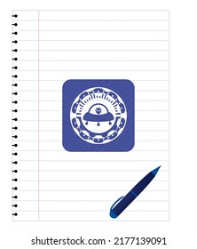 ufo with aline inside icon emblem with pen effect. Blue ink. Vector Illustration. Detailed. 