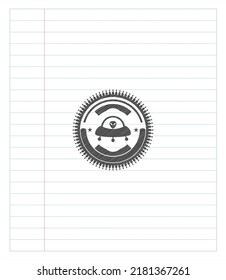 ufo with aline inside icon emblem with pencil effect. Vector Illustration. Detailed. 