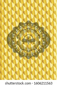 ufo with aline inside icon inside gold shiny badge. Scales pattern. Vector Illustration. Detailed.