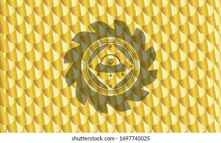 ufo with aline inside icon inside gold emblem. Scales pattern. Vector Illustration. Detailed.