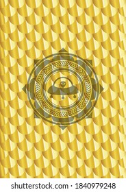 ufo with aline inside icon inside gold emblem. Scales pattern. Vector Illustration. Detailed. 