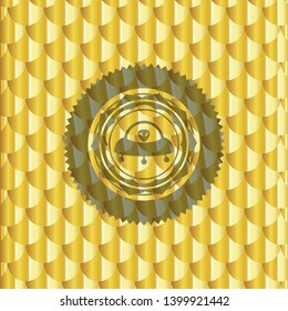 ufo with aline inside icon inside golden emblem. Scales pattern. Vector Illustration. Detailed.