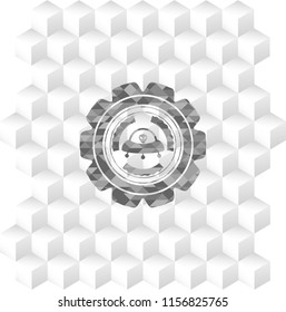 ufo with aline inside icon inside grey emblem with geometric cube white background