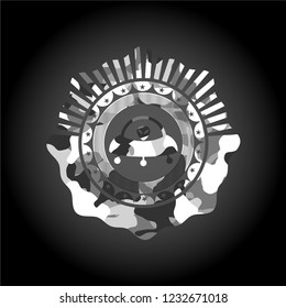 ufo with aline inside icon inside grey camouflage texture