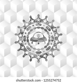 ufo with aline inside icon inside grey emblem. Vintage with geometric cube white background