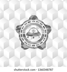 ufo with aline inside icon inside grey emblem. Retro with geometric cube white background