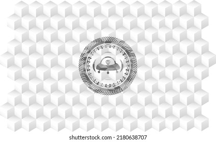 ufo con icono de aline dentro del emblema gris. Vintage con fondo blanco cubo geométrico. 