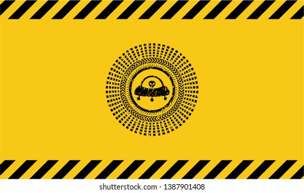 ufo with aline inside icon grunge black emblem with yellow background, warning sign. Vector Illustration. Detailed.
