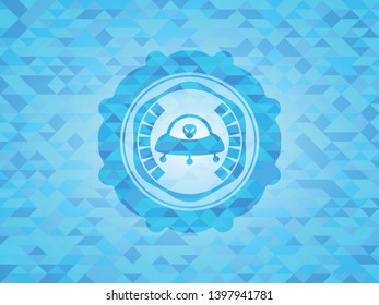 ufo with aline inside icon inside light blue emblem with mosaic ecological style background