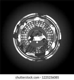 ufo with aline inside icon on grey camouflaged texture