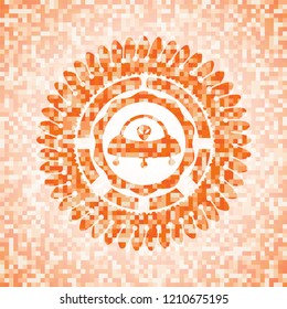 ufo with aline inside icon inside orange mosaic emblem with background