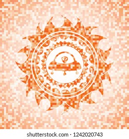ufo with aline inside icon inside orange mosaic emblem with background