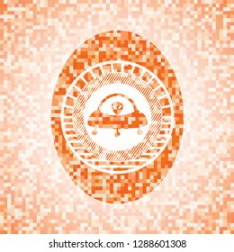 ufo with aline inside icon inside orange mosaic emblem