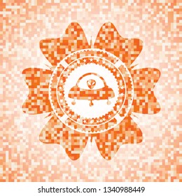 ufo with aline inside icon inside orange tile background illustration. Square geometric mosaic seamless pattern with emblem inside.