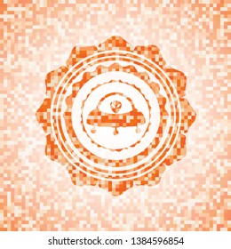 ufo with aline inside icon inside orange tile background illustration. Square geometric mosaic seamless pattern with emblem inside.