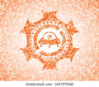 ufo with aline inside icon inside orange mosaic emblem with background
