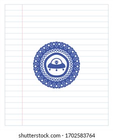 ufo with aline inside icon pen strokes emblem. Blue ink. Vector Illustration. Detailed. 