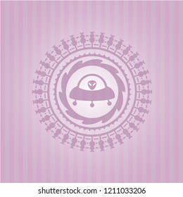 ufo with aline inside icon inside pink emblem. Vintage.