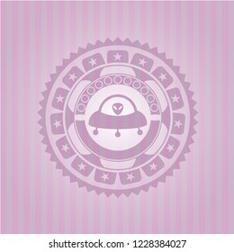 ufo with aline inside icon inside pink emblem. Vintage.