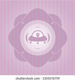 ufo with aline inside icon inside pink emblem. Vintage.