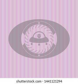 ufo with aline inside icon inside pink emblem. Retro