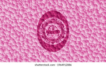 ufo with aline inside icon inside pink emblem with bubbles background. Vintage. Vector Illustration. Detailed. 