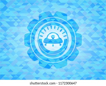 ufo with aline inside icon inside realistic light blue emblem. Mosaic background