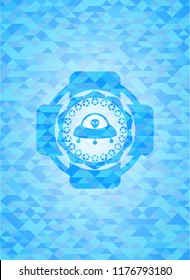 ufo with aline inside icon inside realistic light blue emblem. Mosaic background