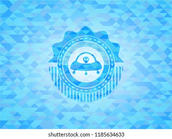 ufo with aline inside icon inside realistic light blue mosaic emblem
