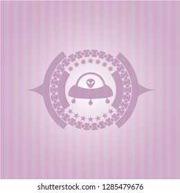 ufo with aline inside icon inside realistic pink emblem