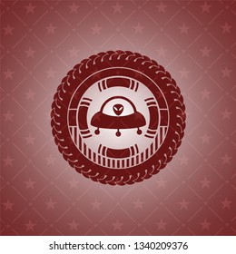 ufo with aline inside icon inside realistic red emblem