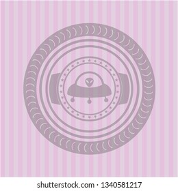 ufo with aline inside icon inside realistic pink emblem